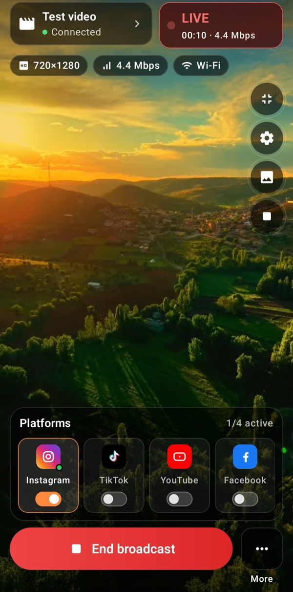 Stream My Drone on an Android phone, live to Instagram, showing the drone picture, the bitrate and the platform switches.
